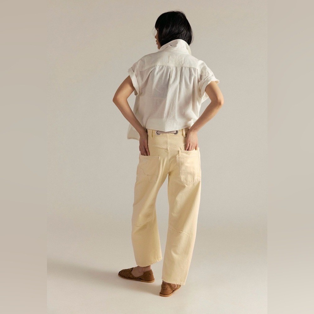 Free People Distressed Yellow Lemon Icing Y2K Moxie Barrel Jeans Size 31 NWT - Picture 3 of 5